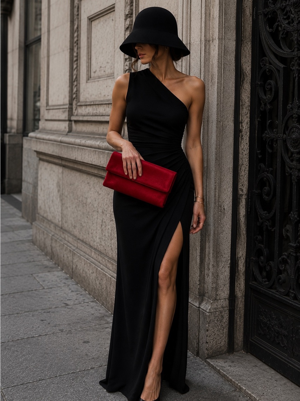 Street Level Black One-Shoulder Evening Gown with Red Clutch